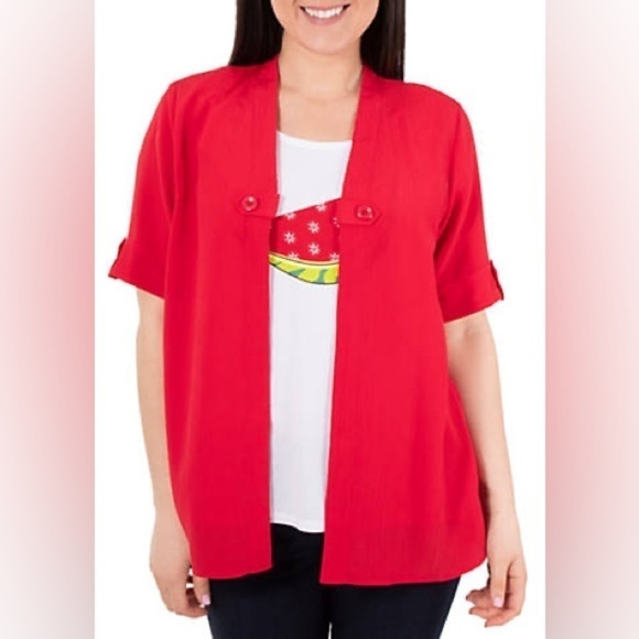Kim Rogers Matchback 2Fer Top Womens Size Large Short Sleeve Red Watermelon - Picture 3 of 9